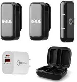 Rode Wireless Micro Ultra-Compact 2-Person Digital Wireless Microphone System with Lightning Connector, Black, Bundle with Wall Charger