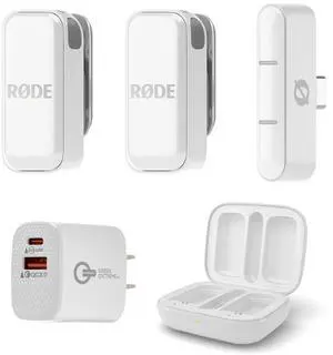 Rode Wireless Micro Ultra-Compact 2-Person Digital Wireless Microphone System with USB-C Connector, White, Bundle with Wall Charger