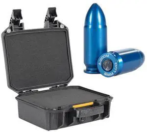 Pelican V100 Vault Small Pistol Case with Foam, Black, Bundle with 10x Lyman A-Zoom Snap Cap for 9mm Luger Centerfire Pistol, Blue