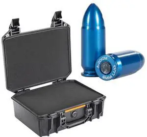 Pelican V200 Vault Medium Handgun Case with Foam, Black, Bundle with 10x Lyman A-Zoom Snap Cap for 9mm Luger Centerfire Pistol, Blue