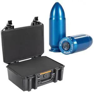 Pelican V300 Vault Large Pistol Case with Foam, Black, Bundle with 10x Lyman A-Zoom Snap Cap for 9mm Luger Centerfire Pistol, Blue