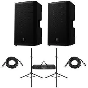 Electro-Voice ZLX-G2 15" 1000W 2-Way Bluetooth Powered Loudspeaker, Black, Pair, Bundle with Stands and Cables