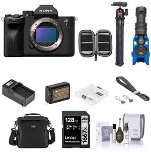 Sony Sony Alpha a7 IV Full Frame Mirrorless Digital 4K Camera - Bundle with 128GB SD Card, Shoulder Bag, Extra Battery, Charger, Wrist Strap, Mic, Tripod, Screen Protector, SD Card Case, Cleaning Kit