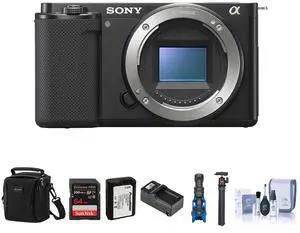 Sony Sony ZV-E10 Mirrorless Interchangeable Lens Vlog Camera, Black - Bundle with 64GB SD Card, Shoulder Bag, Mic, Tripod, Extra Battery, Charger, Cleaning Kit