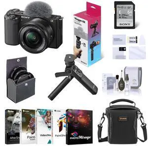 Sony ZV-E10 Mirrorless Camera w/16-50mm Lens, Black w/Vlogger Kit, PC Software
