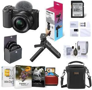 Sony ZV-E10 Mirrorless Camera w/16-50mm Lens, Black w/Vlogger Kit, Mac Software
