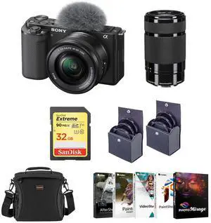 Sony ZV-E10 Mirrorless Camera w/16-50 & 55-210mm Lens, Black w/PC Software Kit