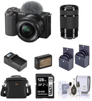 Sony ZV-E10 Mirrorless Camera w/16-50 & 55-210mm Lens, Black w/Essential Acc Kit
