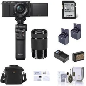 Sony ZV-E10 Camera w/16-50 & 55-210mm Lens, Black w/Vlogger Kit, Accessories