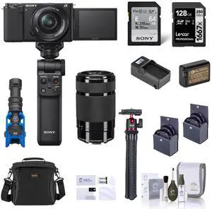 Sony ZV-E10 Camera w/16-50 & 55-210mm Lens, Black w/Vlogger Kit, Essential Acc