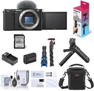 Sony Sony ZV-E10 Mirrorless Vlog Camera, Black - Bundle with Vlogger Accessory Kit, Shoulder Bag, Screen Protector, Mic, Tripod, Extra Battery, Charger, Cleaning Kit