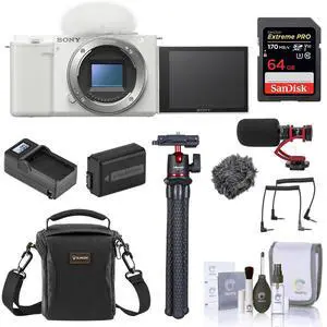 Sony Sony ZV-E10 Mirrorless Interchangeable Lens Vlog Camera, White - Bundle with 64GB SD Card, Shoulder Bag, Mic, Tripod, Extra Battery, Charger, Cleaning Kit