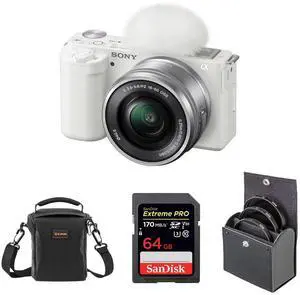 Sony Sony ZV-E10 APS-C Mirrorless Interchangeable Lens Vlogging Camera with 16-50mm Lens, White - Bundle with 64GB SD Card, Shoulder Bag, 40.5mm Filter Kit