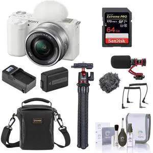 Sony Sony ZV-E10 Mirrorless Vlog Camera with 16-50mm Lens, White - Bundle with 64GB SD Card, Shoulder Bag, Mic, Tripod, Extra Battery, Charger, 40.5mm Filter Kit, Cleaning Kit