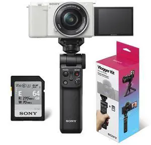 Sony Sony ZV-E10 APS-C Mirrorless Interchangeable Lens Vlogging Camera with 16-50mm Lens, White - Bundle with Sony ACCVC1 Vlogger Accessory Kit (Shooting Grip & 64GB UHS-II SDXC Card)