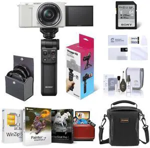 Sony Sony ZV-E10 Mirrorless Vlog Camera with 16-50mm Lens, White - Bundle with Vlogger Accessory Kit, Corel Mac Software Kit, Shoulder Bag, Screen Protector, 40.5mm Filter Kit, Cleaning Kit