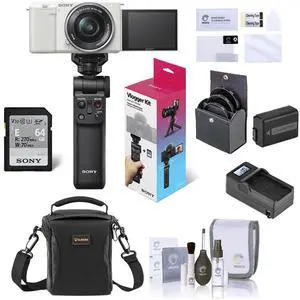Sony Sony ZV-E10 Mirrorless Vlog Camera with 16-50mm Lens, White - Bundle with Vlogger Accessory Kit, Shoulder Bag, Screen Protector, Extra Battery, Charger, 40.5mm Filter Kit, Cleaning Kit