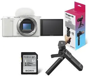 Sony Sony ZV-E10 APS-C Mirrorless Interchangeable Lens Vlogging Camera, White - Bundle with Sony ACCVC1 Vlogger Accessory Kit (Shooting Grip & 64GB UHS-II SDXC Card)