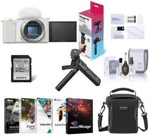 Sony Sony ZV-E10 Mirrorless Interchangeable Lens Vlog Camera, White - Bundle with Vlogger Accessory Kit, Corel PC Software Kit, Shoulder Bag, Screen Protector, Cleaning Kit