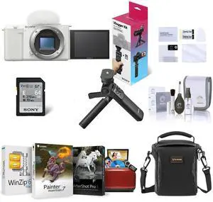 Sony Sony ZV-E10 Mirrorless Interchangeable Lens Vlog Camera, White - Bundle with Vlogger Accessory Kit, Corel Mac Software Kit, Shoulder Bag, Screen Protector, Cleaning Kit