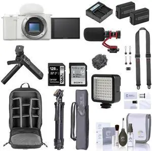 Sony ZV-E10 Mirrorless Camera, White with Vlogger Kit, Bundle w/Complete Kit