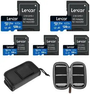 Lexar BLUE 128GB UHS-I microSDHC Memory Card w/SD Adapter, 5-PACK + Card Wallet