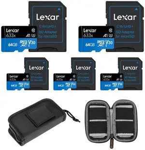 Lexar BLUE 64GB UHS-I microSDHC Memory Card w/SD Adapter 5-PACK + SD Card Wallet