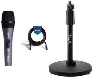 Sennheiser e 845-S Wired Supercardioid Handheld Dynamic Microphone with Clip & Switch - With H&A Telescoping Tabletop Microphone Stand, 20' Microphone Cable Male XLR to Female XLR