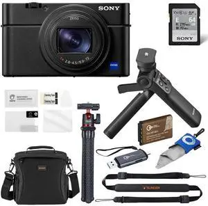 Sony Cyber-shot DSC-RX100 VII Digital Camera, Bundle w/ Sony Vlogger Accessory Kit, 64GB UHS-II SD Card, Extra Battery, Shoulder Bag, Tripod, Screen Protector, Sling Strap, Card Reader, Cleaning Cloth