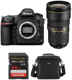 Nikon D850 DSLR Camera with AF-S NIKKOR 24-70mm f/2.8E ED VR Lens, Bundle with 64GB Memory Card, Alpine 160 Shoulder Bag
