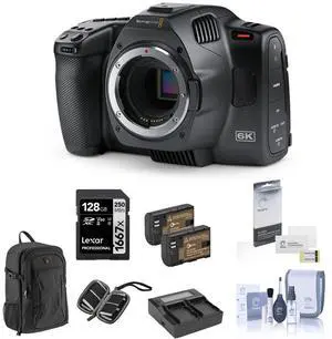 Blackmagic Design Pocket Cinema Camera 6K G2 Bundle with 128GB SD Card, Backpack, 2x Battery, Charger, Screen Protector, SD Card Case, Cleaning Kit
