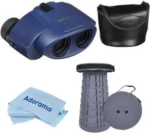 Pentax 10x21 UP Series Weather Resistant Porro Prism Binocular, 5.0 Degree Angle of View, Navy, Bundle with Portable Telescoping Stool/Chair, Cleaning Cloth