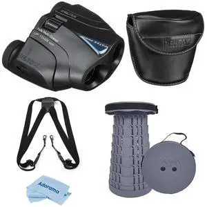 Pentax 10x25 UP Series Porro Prism Binocular, 5.0 Degree Angle of View, Black, Bundle with Portable Telescoping Stool/Chair, Harness, Cleaning Cloth
