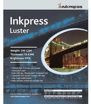 Inkpress Luster Premium Single Sided Bright Resin Coated Photograde Inkjet Paper, 10.4mil., 240gsm., 11x14", 250 Sheets