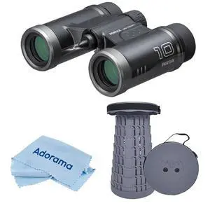 Pentax 10x21 UD Weather Resistant Roof Prism Binocular, 5.4 Degree Angle View, Black, Bundle with Portable Telescoping Stool/Chair, Cleaning Cloth