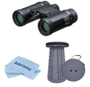 Pentax 9x21 UD Weather Resistant Roof Prism Binocular, 6 Degree Angle of View, Black, Bundle with Portable Telescoping Stool/Chair, Cleaning Cloth