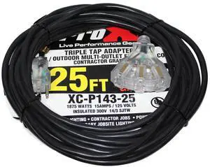 ProX XC-P143-25 25' 14AWG 110V to 110V Female Triple Tap Adapter Power Extension Cord