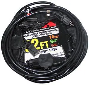 ProX XC-MEP14-529 52' 125V Male to 9 Socket 125V Female Power Cord 9 Outlet 14/3 Extension Cord, Black