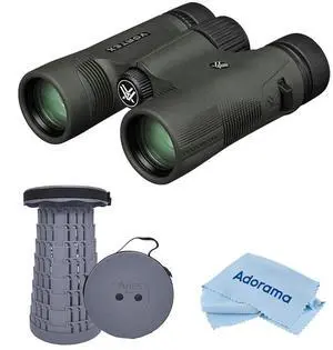 Vortex Optics 10x32 Diamondback HD Waterproof Roof Prism Binocular with 6.5 Degree Angle of View, Bundle with Telescoping Stool/Chair and Cleaning Cloth