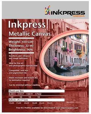 Inkpress Metallic Canvas Inkjet Printer Media, 450 gsm, 22 mil, 8.5x11", 10 Sheets