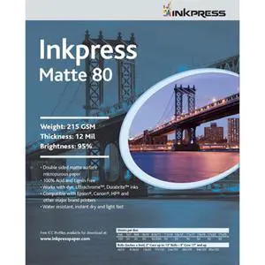 Inkpress Duo Matte 80 Inkjet Paper, 215 gsm Weight, 12 mil Thickness, 95% Brightness, Double Sided, 8x10", 50 Sheets
