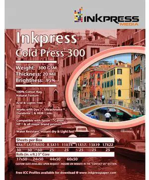 Inkpress Cold Press 300 Photo Paper, 20 Mil, 300 GSM, 13x19", 25 Sheets
