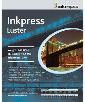 Inkpress Luster Premium Single Sided Bright Resin Coated Photograde Inkjet Paper, 10.4mil., 240gsm., 16x20", 20 Sheets