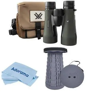 Vortex Optics 12x50 Diamondback HD Roof Prism Binocular, 5.2 Degree Angle of View, Bundle with Portable Telescoping Stool/Chair, Cleaning Cloth