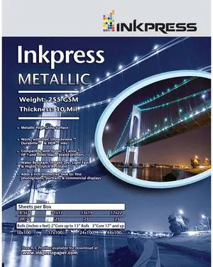Inkpress Metallic Gloss Inkjet Paper, 255 gsm, 10 mil, Metallic Glossy Surface, 4x6", 50 Sheets