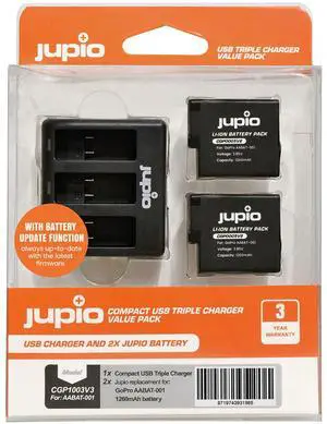 Jupio Value Pack with 2x AHDBT-501 3.9V 1260mAh Lithium-Ion Battery and Compact USB Triple Charger for GoPro HERO5/6/7, Update Version