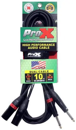 ProX XC-DPXM10 10' Dual 1/4" TS-M to Dual XLR-M Unbalanced High Performance Audio Cable