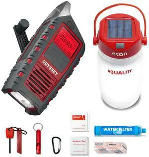 Eton Odyssey Multi-Powered All-Band Bluetooth Emergency Radio with RDS, Red, Bundle with 72-Hour Emergency Kit