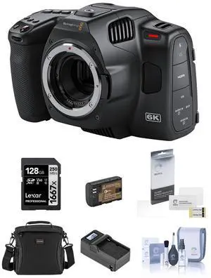 Blackmagic Design Pocket Cinema Camera 6K Pro Bundle with 128GB SD Card, Shoulder Bag, Charger, Extra Battery, Screen Protector, Cleaning Kit