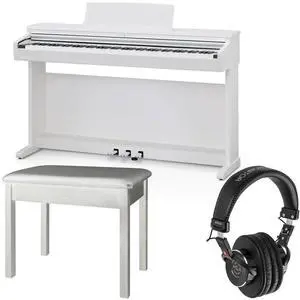 Kawai KDP120 88-Key Digital Piano with Bench, Premium Satin White Bundle with Padded Piano Bench (White), H&A Versa Professional Field and Studio Monitor Headphones